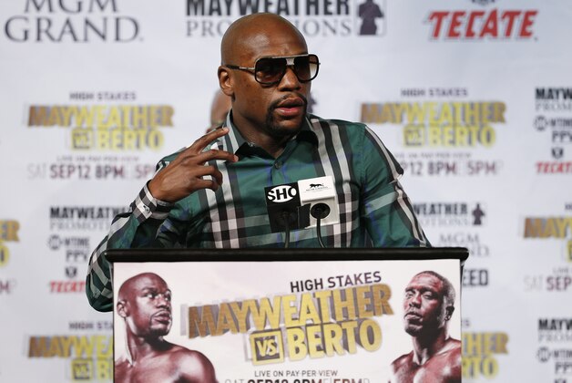 Floyd Mayweather Jr. speaks at a news conference Wednesday, Sept. 9, 2015, in Las Vegas. Mayweather is scheduled to fight Andre Berto Saturday in Las Vegas. (AP Photo/John Locher)