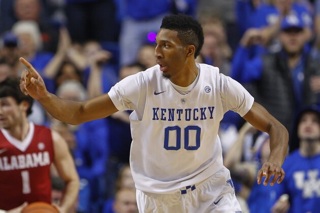 LEXINGTON, KY - JANUARY 31: Marcus Lee #00 of the Kentucky Wildcats runs up the court during the game against the Alabama Crimson Tide at Rupp Arena on January 31, 2015 in Lexington, Kentucky. (Photo by Michael Hickey/Getty Images)