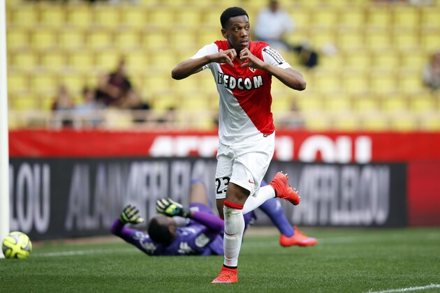 Monaco's French forward Anthony Martial celebrates after scoring a penalty during the French L1 football match between Monaco and Toulouse on May 3, 2015 at the Louis II Stadium in Monaco. AFP PHOTO / VALERY HACHE        (Photo credit should read VALERY HACHE/AFP/Getty Images)