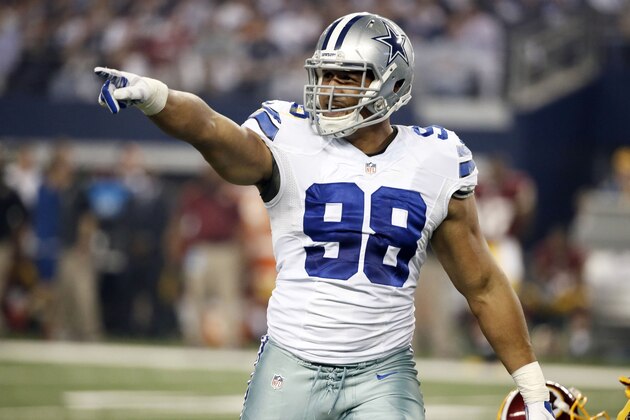 Dallas Cowboys defensive end Tyrone Crawford (98) celebrates after a tackle against the Washington Redskins during the first half of an NFL football game, Monday, Oct. 27, 2014, in Arlington, Texas. (AP Photo/Brandon Wade)