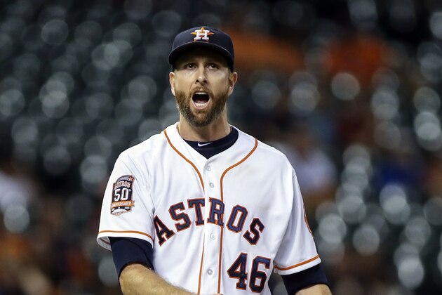 Sep 1, 2015; Houston, TX, USA; Houston Astros starting pitcher Scott Feldman (46) reacts after a pitch during the second inning against the Seattle Mariners at Minute Maid Park. Mandatory Credit: Troy Taormina-USA TODAY Sports Sep 1, 2015; Houston, TX, USA; Houston Astros starting pitcher Scott Feldman (46) reacts after a pitch during the second inning against the Seattle Mariners at Minute Maid Park. Mandatory Credit: Troy Taormina-USA TODAY Sports