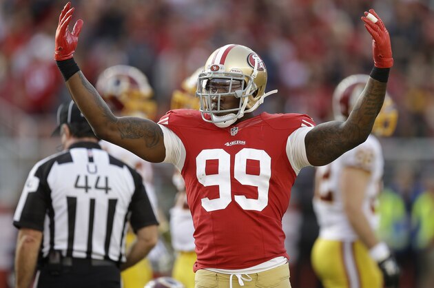 San Francisco 49ers linebacker Aldon Smith (99) against the Washington Redskins during an NFL football game in Santa Clara, Calif., Sunday, Nov. 23, 2014. (AP Photo/Ben Margot)