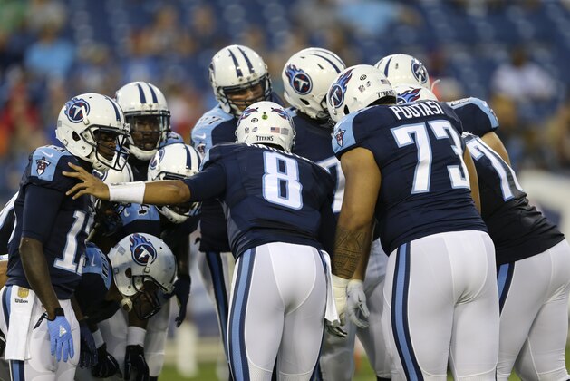 Tennessee Titans quarterback Marcus Mariota (8) calls a play in the first half of a preseason NFL football game against the Minnesota Vikings Thursday, Sept. 3, 2015, in Nashville, Tenn. The Titans won 24-17. (AP Photo/James Kenney)