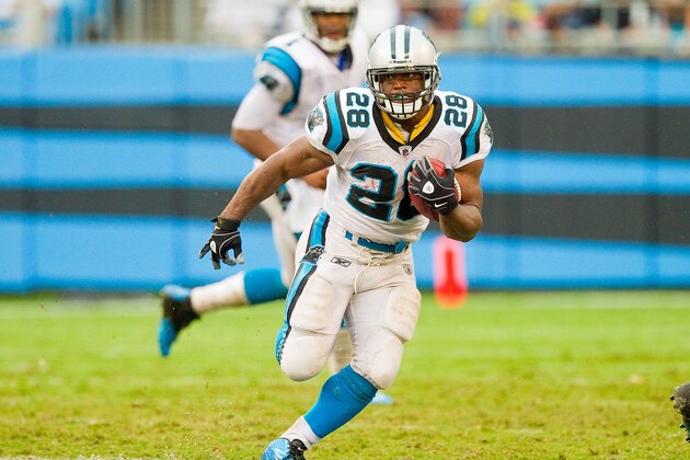 CHARLOTTE, NC - SEPTEMBER 25: Jonathan Stewart #28 of the Carolina Panthers has room to run against  the Jacksonville Jaguars at Bank of America Stadium on September 25, 2011 in Charlotte, North Carolina.  The Panthers defeated the Jaguars 16-10.  (Photo by Brian A. Westerholt/Getty Images)