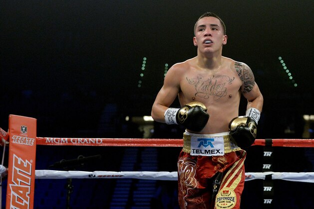 Apr 12, 2014; Las Vegas, NV, USA; Oscar Valdez in the ring during his NABF Super Featherweight Junior Title fight against Adrian Perez (not pictured) at the MGM Grand Garden Arena. Valdez won by knockout. Mandatory Credit: Jayne Kamin-Oncea-USA TODAY Sports
