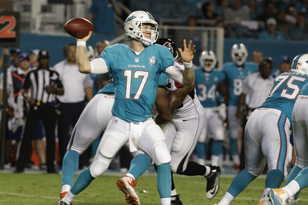 Miami Dolphins quarterback Ryan Tannehill (17) looks to pass during the first half of an NFL preseason football game against the Atlanta Falcons, Saturday, Aug. 29, 2015 in Miami Gardens, Fla. (AP Photo/Lynne Sladky)