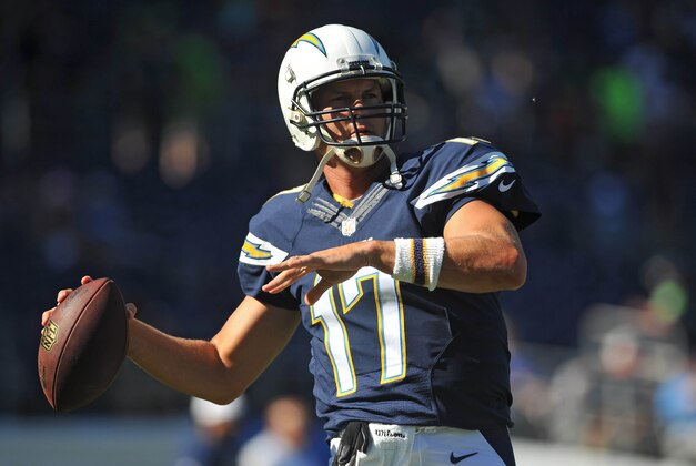 Aug 29, 2015; San Diego, CA, USA; San Diego Chargers quarterback Philip Rivers (17) throws before the preseason game against the Seattle Seahawks at Qualcomm Stadium. Mandatory Credit: Orlando Ramirez-USA TODAY Sports