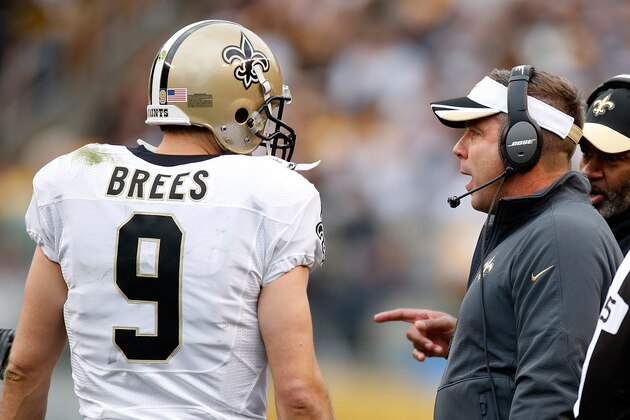 PITTSBURGH, PA - NOVEMBER 30:  Head coach Sean Payton of the New Orleans Saints talks with Drew Brees #9 during the second quarter against the Pittsburgh Steelers at Heinz Field on November 30, 2014 in Pittsburgh, Pennsylvania.  (Photo by Gregory Shamus/Getty Images)