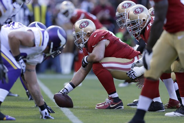 San Francisco 49ers center Jonathan Goodwin (59) against the Minnesota Vikings during the first quarter of an NFL preseason football game in San Francisco, Sunday, Aug. 25, 2013. (AP Photo/Ben Margot) San Francisco 49ers center Jonathan Goodwin (59) against the Minnesota Vikings during the first quarter of an NFL preseason football game in San Francisco, Sunday, Aug. 25, 2013. (AP Photo/Ben Margot)