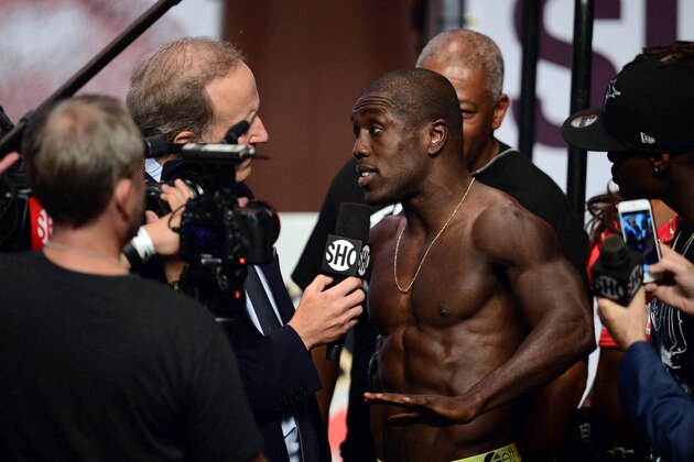Sep 11, 2015; Las Vegas, NV, USA; Andre Berto is interviewed by Sho Sports announcer Jim Gray during weigh-ins for his upcoming boxing fight against Floyd Mayweather (not pictured) at MGM Grand Garden Arena. Mandatory Credit: Joe Camporeale-USA TODAY Sports