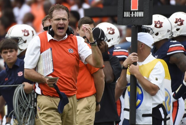 Sep 12, 2015; Auburn, AL, USA; Auburn Tigers head coach Gus Malzahn reacts during the second quarter against the Jacksonville State Gamecocks at Jordan Hare Stadium. Mandatory Credit: Shanna Lockwood-USA TODAY Sports