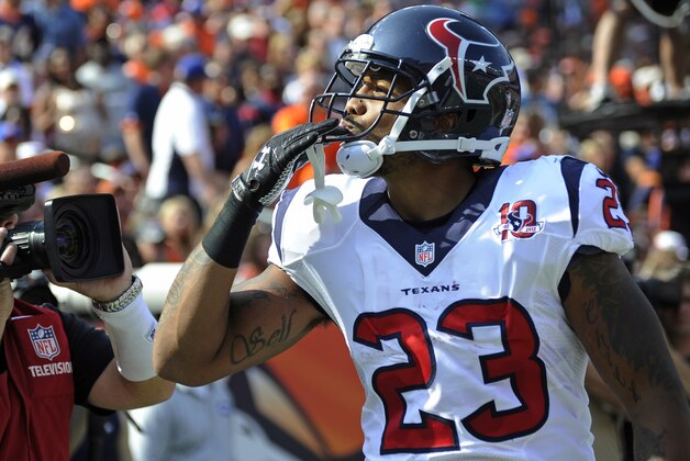 Houston Texans running back Arian Foster celebrates a touchdown against the Denver Broncos during an NFL football game Sunday, Sept. 23, 2012, in Denver. (AP Photo/Jack Dempsey) Houston Texans running back Arian Foster celebrates a touchdown against the Denver Broncos during an NFL football game Sunday, Sept. 23, 2012, in Denver. (AP Photo/Jack Dempsey)