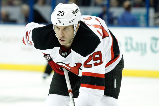 Oct 14, 2014; Tampa, FL, USA; New Jersey Devils left wing Ryane Clowe (29) against the Tampa Bay Lightning during the first period at Amalie Arena. Mandatory Credit: Kim Klement-USA TODAY Sports