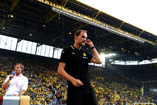 Dortmund's head coach Thomas Tuchel arrives for the UEFA Europa League third qualifying round second leg football match between Dortmund and Wolfsberg on August 6, 2015 in Dortmund, western Germany. AFP PHOTO / PATRIK STOLLARZ        (Photo credit should read PATRIK STOLLARZ/AFP/Getty Images)