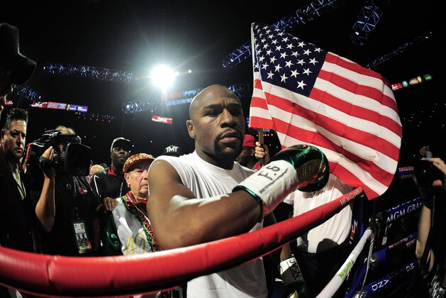 Sep 12, 2015; Las Vegas, NV, USA; Floyd Mayweather is introduced against Andre Berto (not pictured) for their WBA/WBC welterweight title bout at MGM Grand Garden Arena. Mayweather won via unanimous decision. Mandatory Credit: Joe Camporeale-USA TODAY Sports