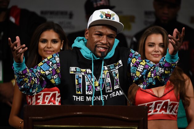 LAS VEGAS, NV - SEPTEMBER 12:  Floyd Mayweather Jr. speaks during a post-fight news conference at MGM Grand Hotel & Casino after he retained his WBC/WBA welterweight titles in a unanimous decision-victory over Andre Berto on September 12, 2015 in Las Vegas, Nevada.  (Photo by Ethan Miller/Getty Images)