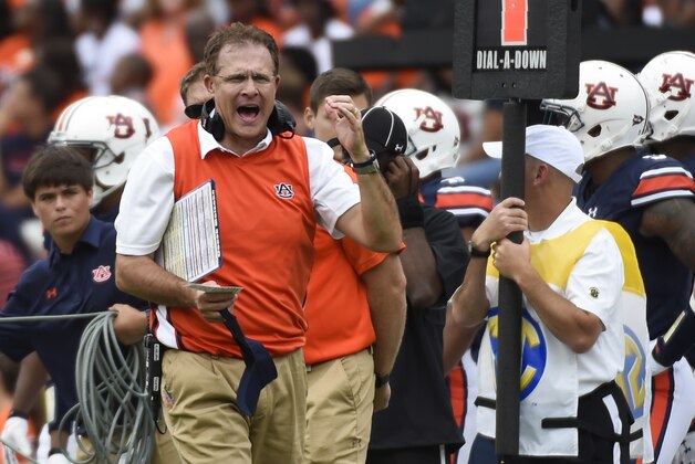 Sep 12, 2015; Auburn, AL, USA; Auburn Tigers head coach Gus Malzahn reacts during the second quarter against the Jacksonville State Gamecocks at Jordan Hare Stadium. Mandatory Credit: Shanna Lockwood-USA TODAY Sports