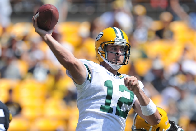 Green Bay Packers quarterback Aaron Rodgers (12) passes in the first quarter of the NFL pre-season football game against the Pittsburgh Steelers, Sunday, Aug. 23, 2015 in Pittsburgh. (AP Photo/Don Wright)