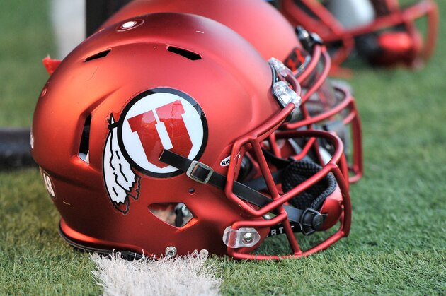 SALT LAKE CITY, UT - SEPTEMBER 3: Close up view of the new satin red football helmets worn by the Utah Utes during their game against the Michigan Wolverines at  Rice-Eccles Stadium on September 3, 2015 in Salt Lake City, Utah. (Photo by Gene Sweeney Jr/Getty Images)