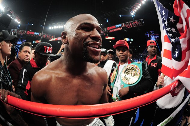 Sep 12, 2015; Las Vegas, NV, USA; Floyd Mayweather is introduced against Andre Berto (not pictured) for their WBA/WBC welterweight title bout at MGM Grand Garden Arena. Mayweather won via unanimous decision. Mandatory Credit: Joe Camporeale-USA TODAY Sports