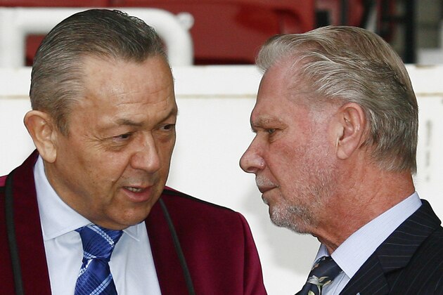 New West Ham United co-owners David Sullivan, left, and David Gold converse during their visit to Upton Park stadium, London, Tuesday, Jan. 19, 2010. Former Birmingham City owners  Sullivan and Gold purchased half of Premier League rival West Ham on Tuesday with a view to a full takeover. (AP Photo/Tom Hevezi)