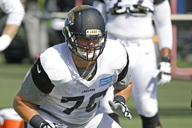 Jacksonville Jaguars tackle Luke Joeckel during practice at NFL football training camp, Thursday, Aug. 6, 2015, in Jacksonville, Fla. (AP Photo/John Raoux)