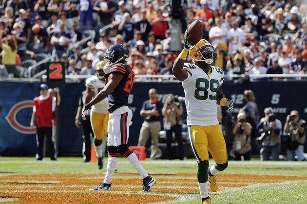 Green Bay Packers wide receiver James Jones (89) celebrates a touchdown during the second half an NFL football game against the Chicago Bears, Sunday, Sept. 13, 2015, in Chicago. (AP Photo/Charles Rex Arbogast)