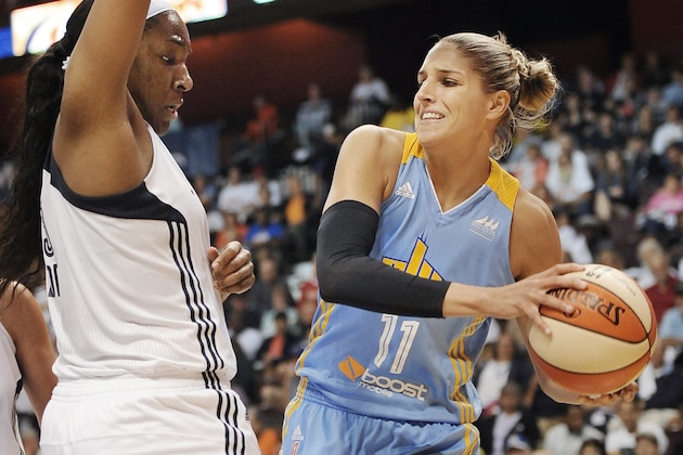 Connecticut Sun’s Kelsey Bone, left, guards Chicago Sky’s Elena Delle Donne, right, during the first half of a WNBA basketball game, Sunday, Sept. 13, 2015, in Uncasville, Conn. The Sun won 86-75. (AP Photo/Jessica Hill)