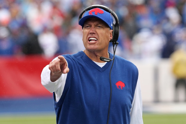 Sep 13, 2015; Orchard Park, NY, USA; Buffalo Bills head coach Rex Ryan yells to players on the bench during the second half against the Indianapolis Colts at Ralph Wilson Stadium. Bills beat the Colts 27 to 14.  Mandatory Credit: Timothy T. Ludwig-USA TODAY Sports