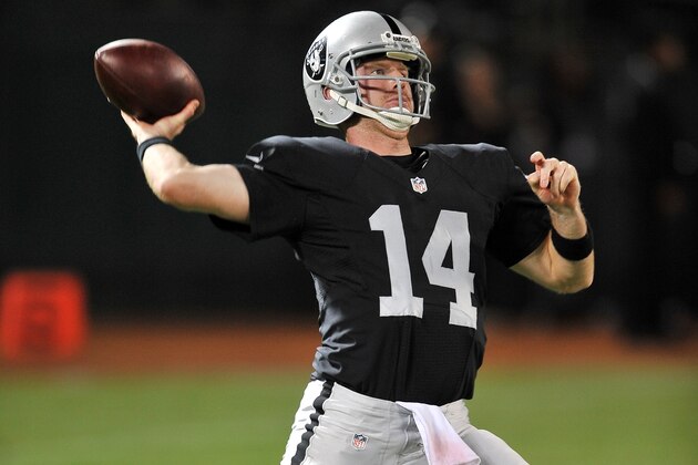 Oakland Raiders quarterback (14) Matt McGloin back to pass during a preseason football game against the Arizona Cardinals played at O.co Coliseum in Oakland, Calif. on Sunday, Aug. 30, 2015. (AP Photo/John Cordes)