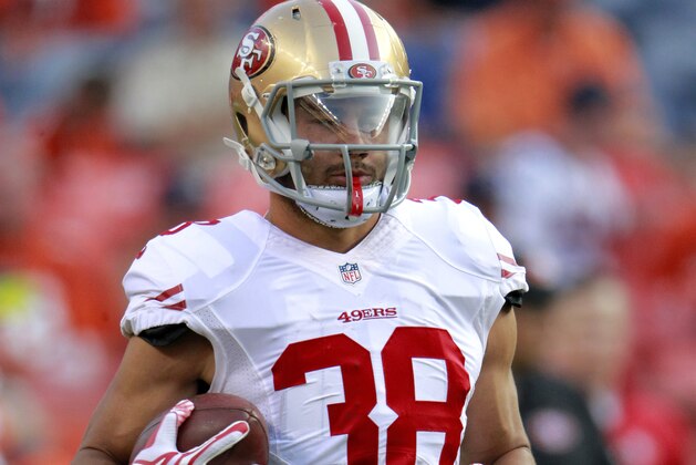 San Francisco 49ers Jarryd Hayne (38),of Australia, warms up prior to an NFL preseason football game against the Denver Broncos, Saturday, Aug. 29, 2015, in Denver. (AP Photo/Jack Dempsey)