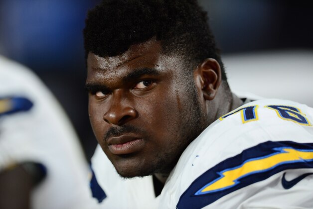 Aug 22, 2015; Glendale, AZ, USA; San Diego Chargers tackle D.J. Fluker (76) looks on against the Arizona Cardinals during the first half at University of Phoenix Stadium. The Chargers won 22-19. Mandatory Credit: Joe Camporeale-USA TODAY Sports