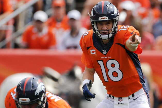 Denver Broncos quarterback Peyton Manning plays against the Baltimore Ravens during the first half of an NFL football game Sunday, Sept. 13, 2015, in Denver. (AP Photo/Jack Dempsey)