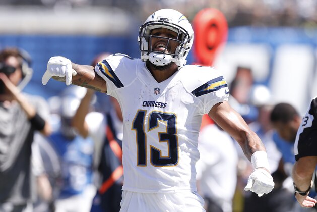 San Diego Chargers wide receiver Keenan Allen reacts after a reception against the Detroit Lions during the first half of an NFL football game Sunday, Sept. 13, 2015, in San Diego. (AP Photo/Alex Gallardo)