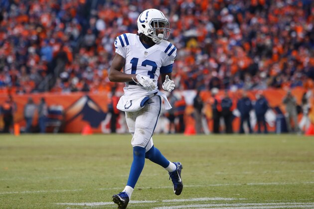 Jan 11, 2015; Denver, CO, USA; Indianapolis Colts wide receiver T.Y. Hilton (13) in the 2014 AFC Divisional playoff football game against the Denver Broncos at Sports Authority Field at Mile High. Mandatory Credit: Chris Humphreys-USA TODAY Sports