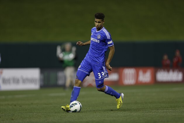 Chelsea's Ruben Loftus-Cheek controls the ball during the second half of an exhibition soccer match against Manchester City Thursday, May 23, 2013, at Busch Stadium in St. Louis. Manchester City won 4-3. (AP Photo/Jeff Roberson)