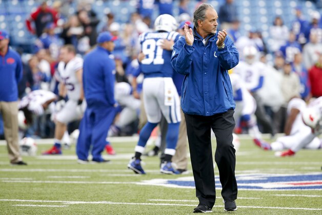 Indianapolis Colts head coach Chuck Pagano walks on the field before an NFL football game against the Buffalo Bills on Sunday, Sept. 13, 2015, in Orchard Park, N.Y. (AP Photo/Bill Wippert)