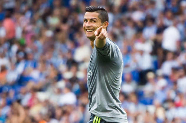 BARCELONA, SPAIN - SEPTEMBER 12:  Cristiano Ronaldo of Real Madrid CF celebrates after scoring his team's sixth goal during the La Liga match between RCD Espanyol and Real Madrid CF at Cornella-El Prat Stadium on September 12, 2015 in Barcelona, Spain.  (Photo by Alex Caparros/Getty Images)