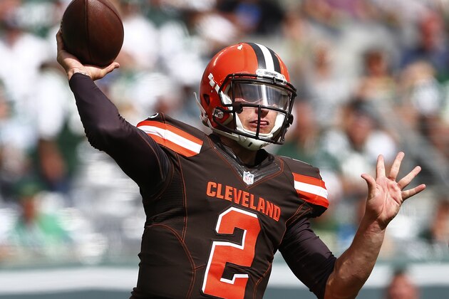 EAST RUTHERFORD, NJ - SEPTEMBER 13: Quarterback Johnny Manziel #2 of the Cleveland Browns passes against the New York Jets during the first quarter at MetLife Stadium on September 13, 2015 in East Rutherford, New Jersey. The Jets won 31-10. (Photo by Rich Schultz /Getty Images)