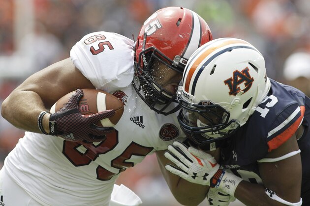 Sep 12, 2015; Auburn, AL, USA; Jacksonville State Gamecocks tight end Spencer Goffigan (85) is tackled by Auburn Tigers defensive back Nick Ruffin (19) during the fourth quarter at Jordan Hare Stadium.  The Tigers beat the Gamecocks 27-20. Mandatory Credit: John Reed-USA TODAY Sports