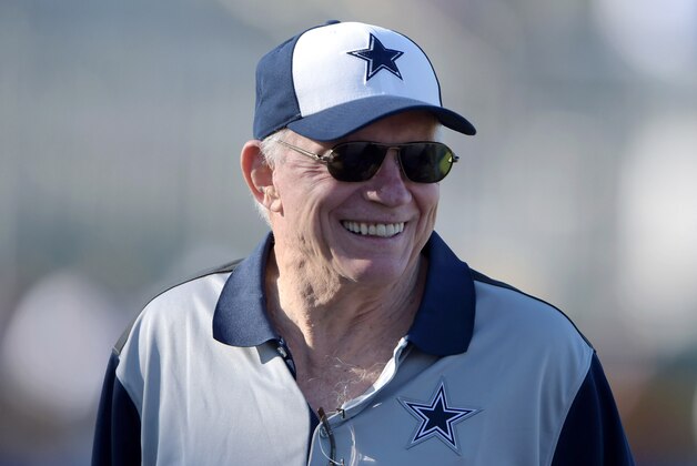 Aug 1, 2015; Oxnard, CA, USA; Dallas Cowboys owner Jerry Jones at training camp at River Ridge Fields. Mandatory Credit: Kirby Lee-USA TODAY Sports