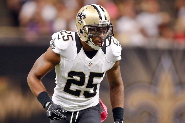 Oct 5, 2014; New Orleans, LA, USA; New Orleans Saints free safety Rafael Bush (25) against the Tampa Bay Buccaneers during the second quarter of a game at Mercedes-Benz Superdome. Mandatory Credit: Derick E. Hingle-USA TODAY Sports