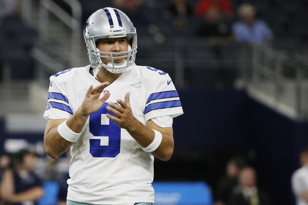 Dallas Cowboys quarterback Tony Romo (9) watches the team warm up before a preseason NFL football game against the Houston Texans, Thursday, Sept. 3, 2015, in Arlington, Texas. (AP Photo/Tony Gutierrez)