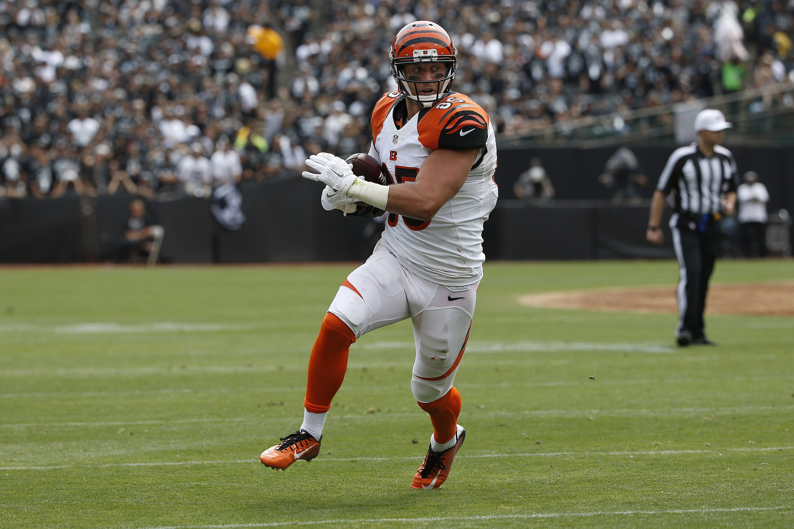 Cincinnati Bengals tight end Tyler Eifert (85) runs against the Oakland Raiders during the first half of an NFL football game in Oakland, Calif., Sunday, Sept. 13, 2015. (AP Photo/Tony Avelar)