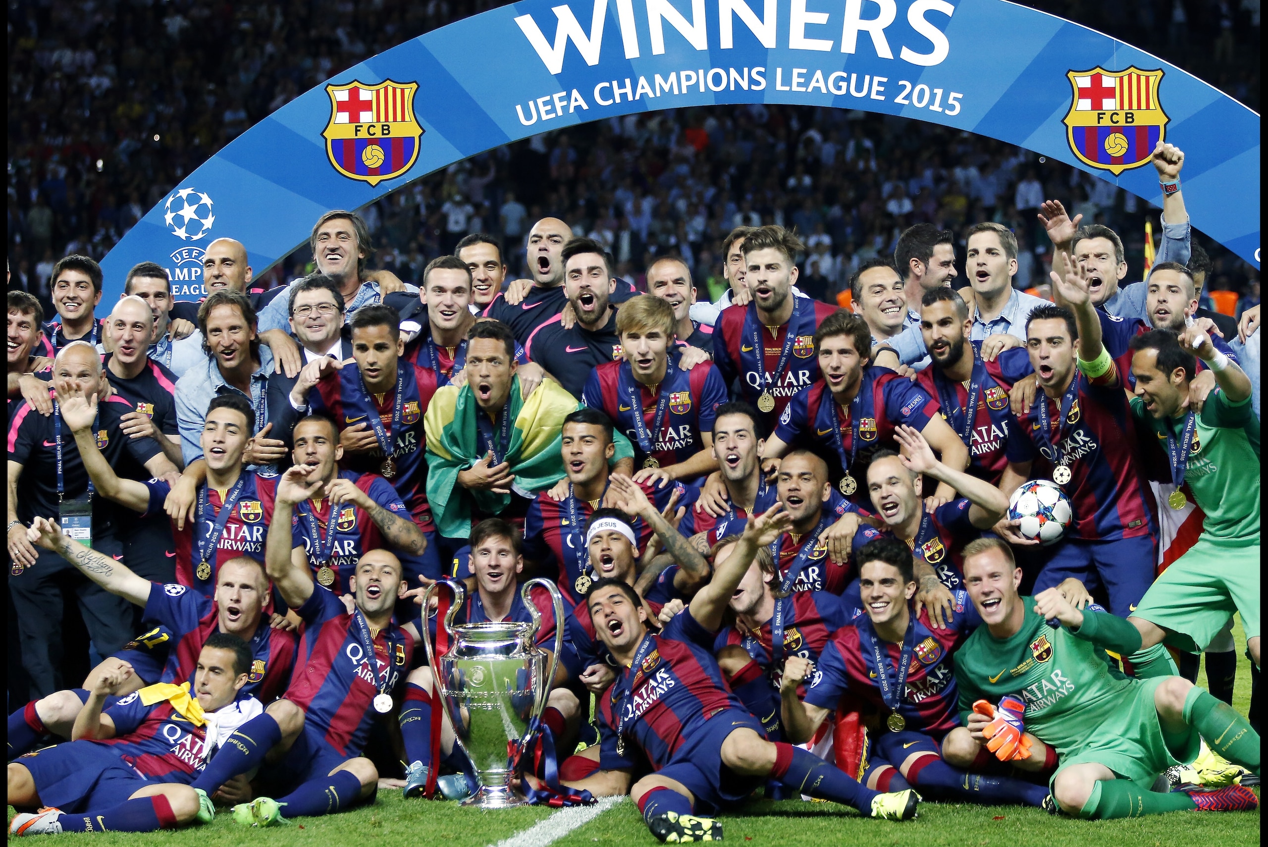 Team Barcelona celebrating the Champions League final victory. during the UEFA Champions League  final match between Barcelona and Juventus on June 6, 2015 at the Olympic stadium in Berlin, Germany.(Photo by VI Images via Getty Images)