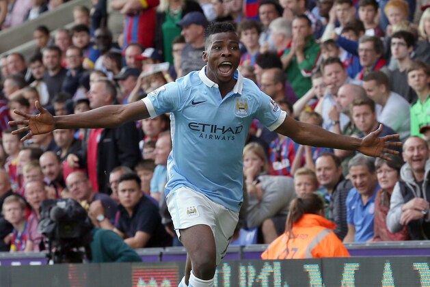 Manchester City's Kelechi Iheanacho celebrates after scoring a goal during the English Premier League soccer match between Crystal Palace and Manchester City at Selhurst Park, London, Saturday, Sept. 12, 2015. (AP Photo/Tim Ireland)