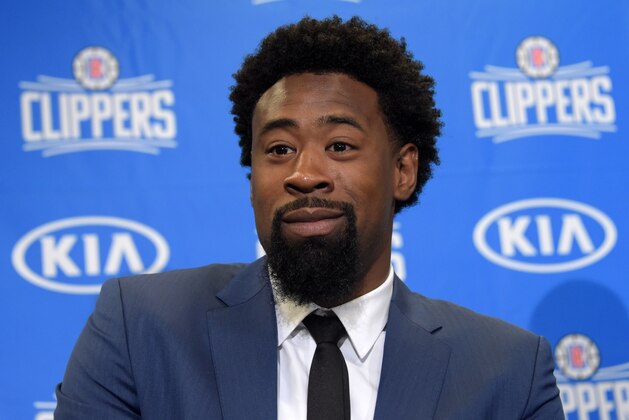 Jul 21, 2015; Los Angeles, CA, USA; Los Angeles Clippers center DeAndre Jordan at press conference at Staples Center. Mandatory Credit: Kirby Lee-USA TODAY Sports