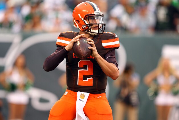 Sep 13, 2015; East Rutherford, NJ, USA; Cleveland Browns quarterback Johnny Manziel (2) looks to throw against the New York Jets during the second half at MetLife Stadium. Mandatory Credit: Danny Wild-USA TODAY Sports