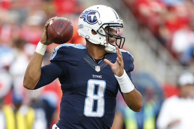 Tennessee Titans quarterback Marcus Mariota (8) looks to pass during the second half of an NFL football game against the Tampa Bay Buccaneers, Sunday, Sept. 13, 2015, in Tampa, Fla. (AP Photo/Brian Blanco)