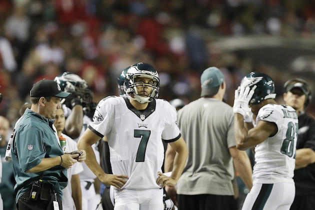 Philadelphia Eagles quarterback Sam Bradford (7) stands on the sidelines during the first half of an NFL football game against the Atlanta Falcons, Monday, Sept. 14, 2015, in Atlanta. (AP Photo/Brynn Anderson)